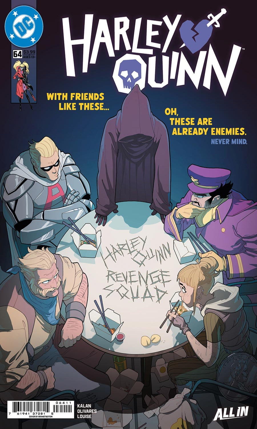Comic book cover for Harley Quinn #64, featuring Harley Quinn, Killer Croc, Poison Ivy, and the masked figure of the Harley Quinn Revenge Squad gathered around a table with a large 'Harley Quinn Revenge Squad' sign on the floor. The DC logo is visible in the top left corner.