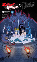Comic book cover featuring Harley Quinn and Elvira in a bath with candles and a dragon.
