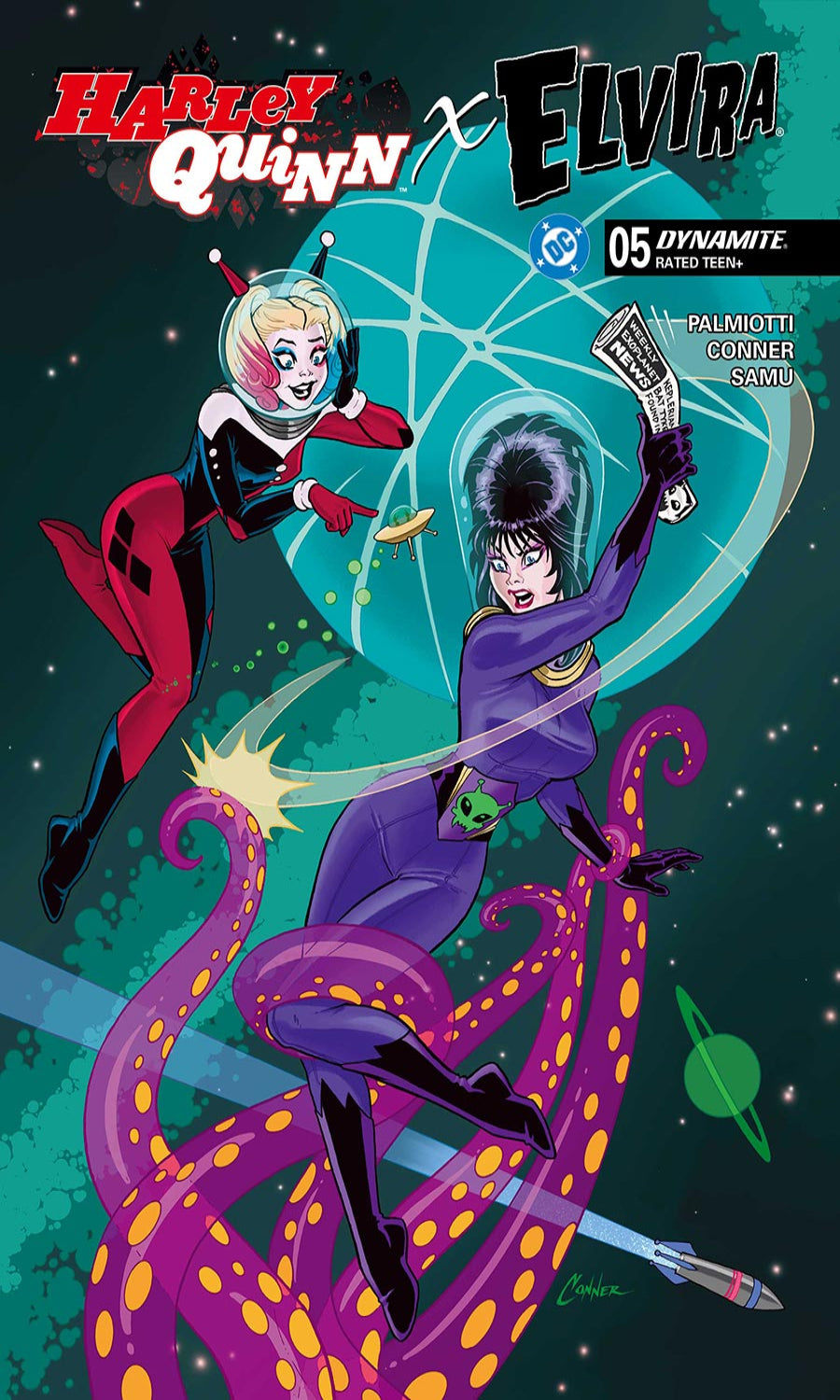 Comic book cover featuring Harley Quinn and Elvira on a space-themed background