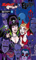 Comic book cover featuring Harley Quinn and Elvira with various characters in the background.