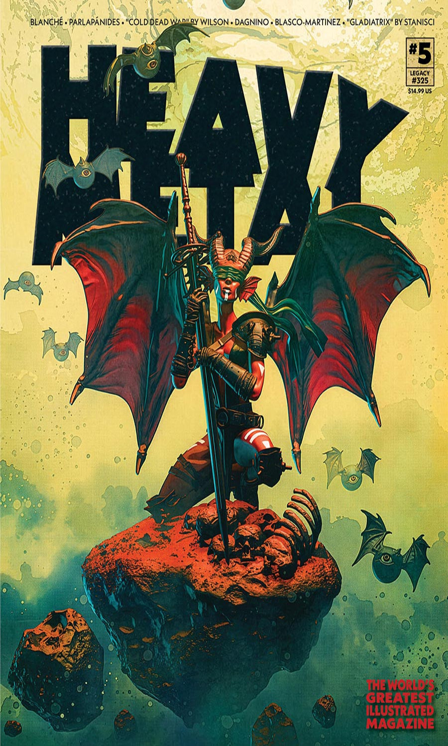 Cover of 'Heavy' magazine with a dragon and warrior illustration on a textured background.