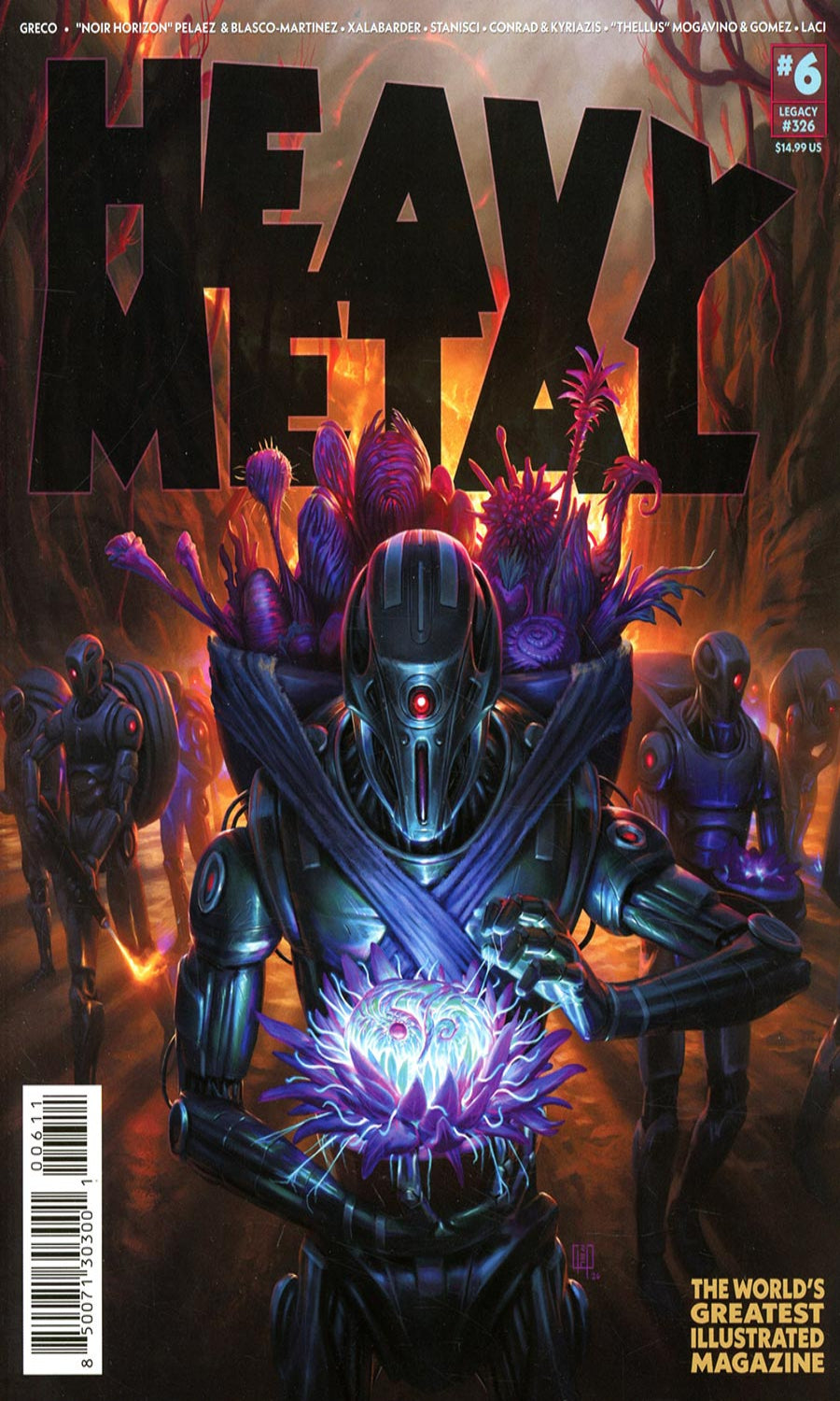 Cover of Heavy Metal issue #6 comic book featuring a central armored robot holding a glowing purple crystal, with other robotic figures in the background and the title HEAVY METAL in large black letters across the top.