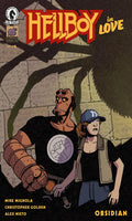 Comic book cover of 'Hellboy in Love' featuring Hellboy and a woman in a dark setting.