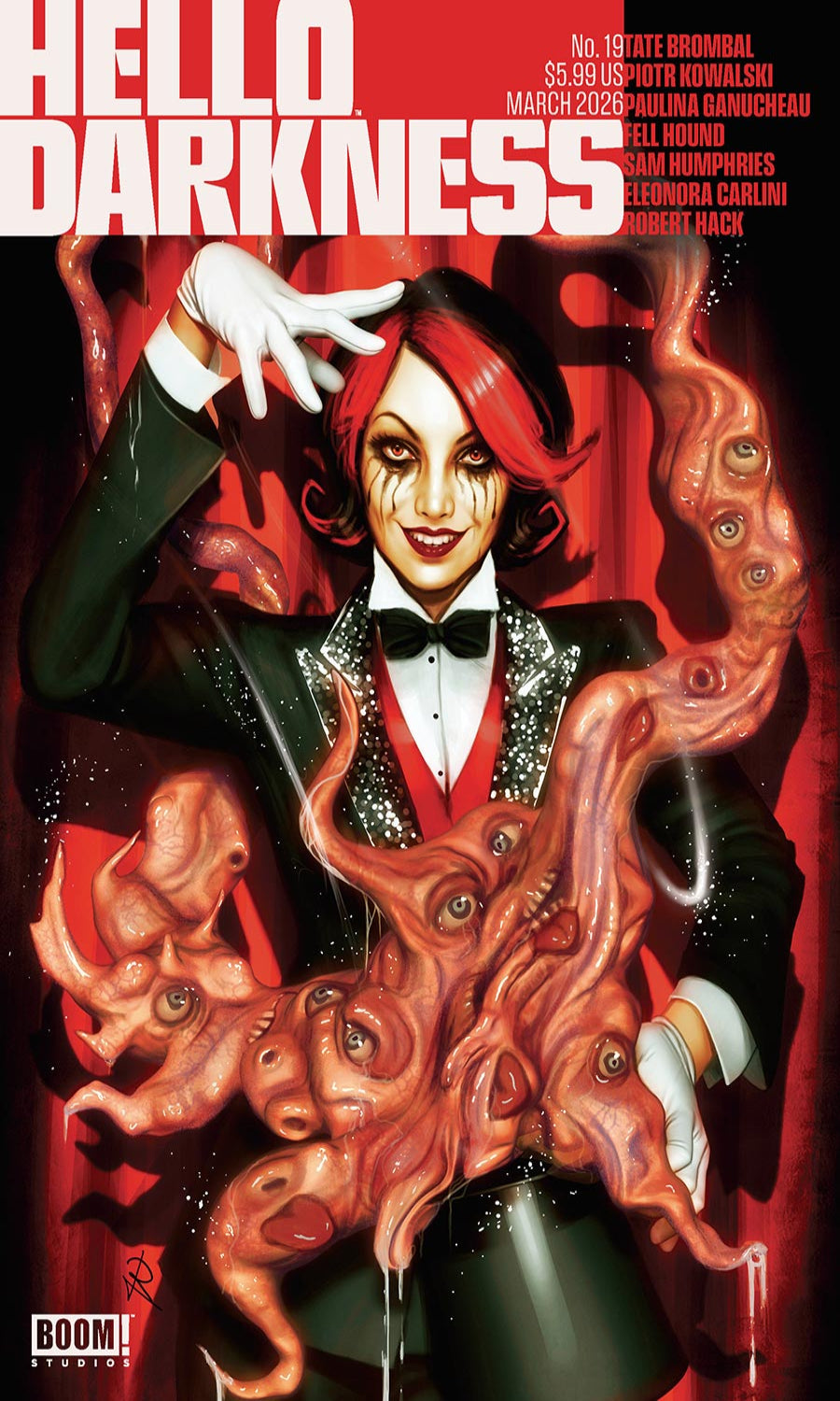 Comic book cover of 'Hello Darkness' with a character with red hair and octopus tentacles.