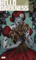 Comic book cover titled 'Hello Darkness' with a character holding flowers against a floral background.