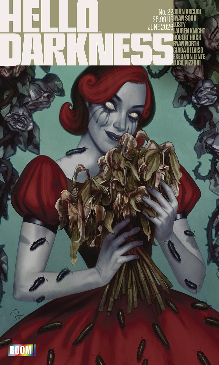 Comic book cover titled 'Hello Darkness' with a character holding flowers against a floral background.