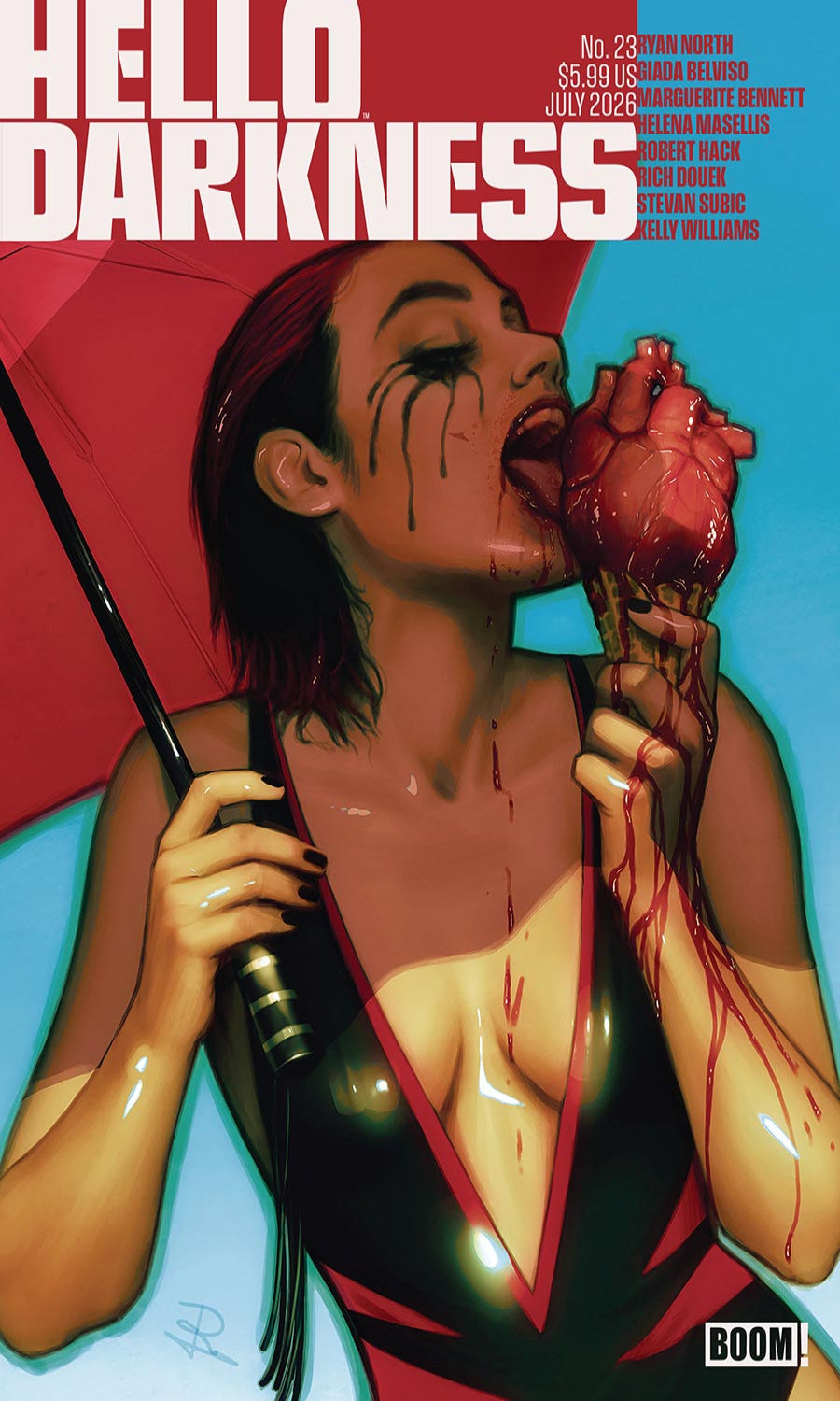 Comic book cover featuring a woman holding a red umbrella and an ice cream cone with a heart, titled 'Hello Darkness'.