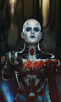 Character in a dark, gothic setting holding a weapon with blood, surrounded by chains.
