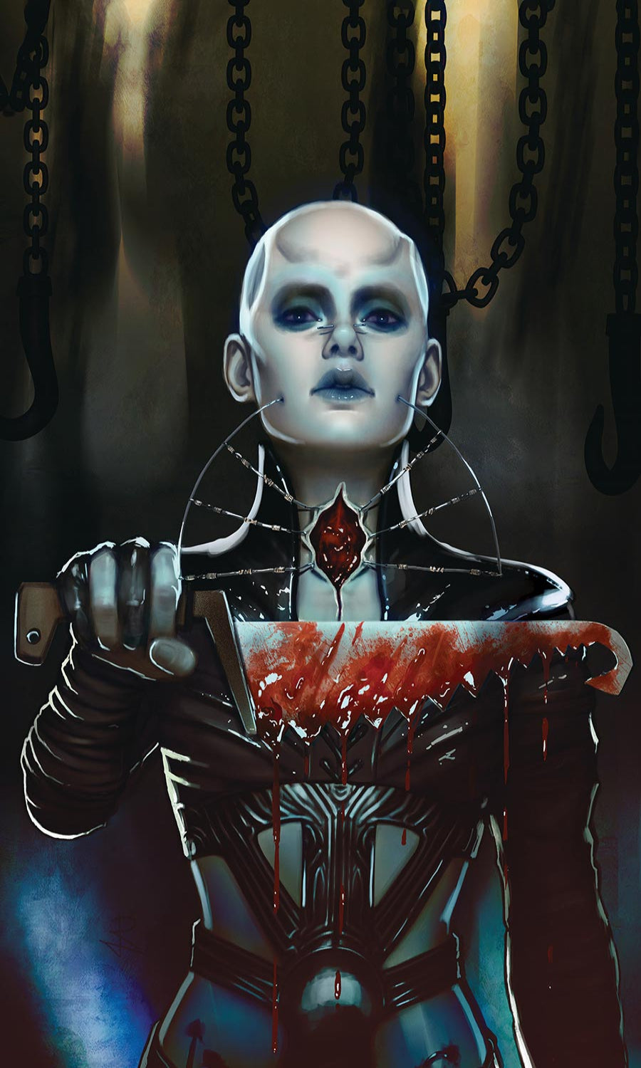 Character in a dark, gothic setting holding a weapon with blood, surrounded by chains.