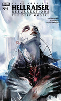 Comic book cover for Clive Barker's Hellraiser Resurrections: The Deep Gospel, featuring an illustrated figure with pale skin, dark clothing, and a red chest emblem against a misty blue and white background.