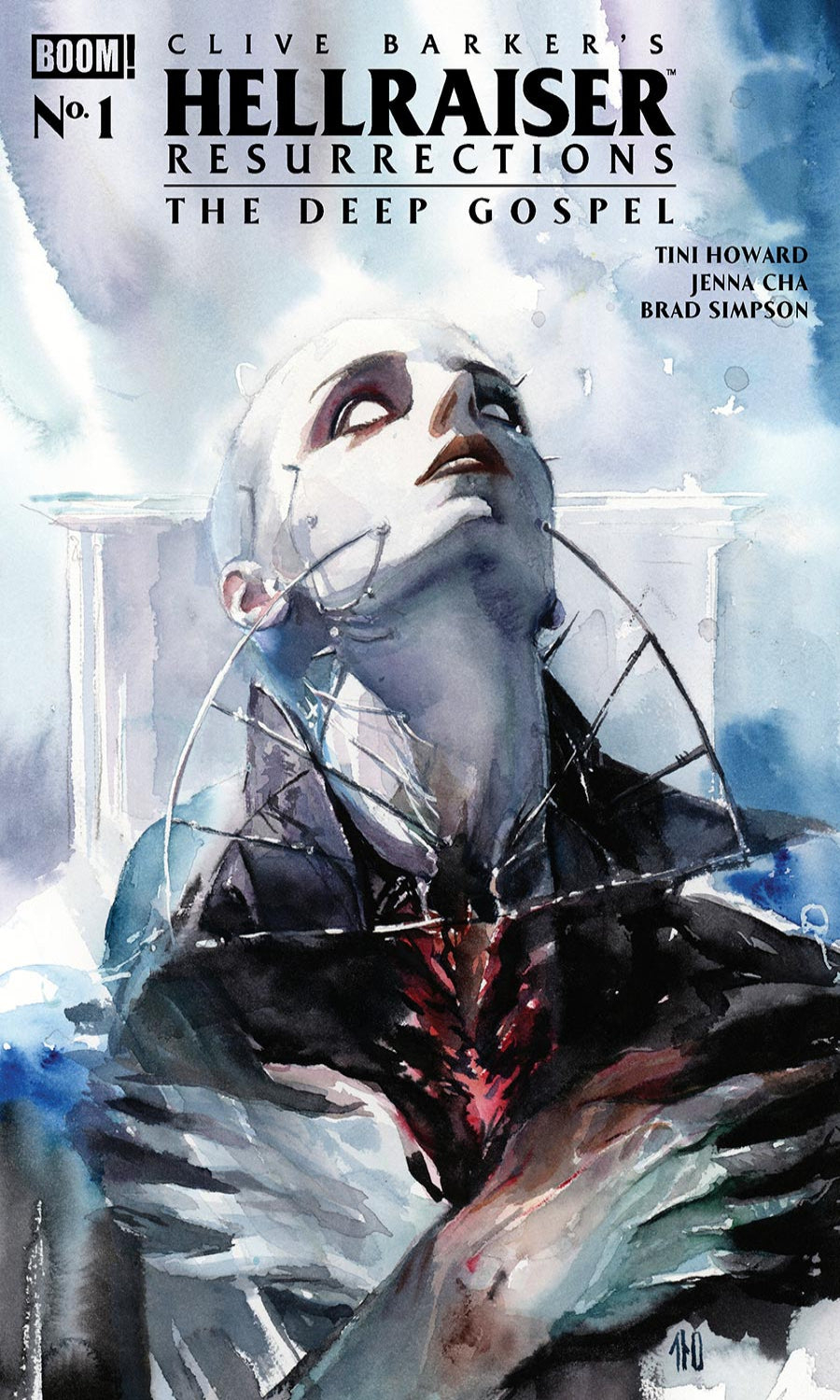 Comic book cover for Clive Barker's Hellraiser Resurrections: The Deep Gospel, featuring an illustrated figure with pale skin, dark clothing, and a red chest emblem against a misty blue and white background.