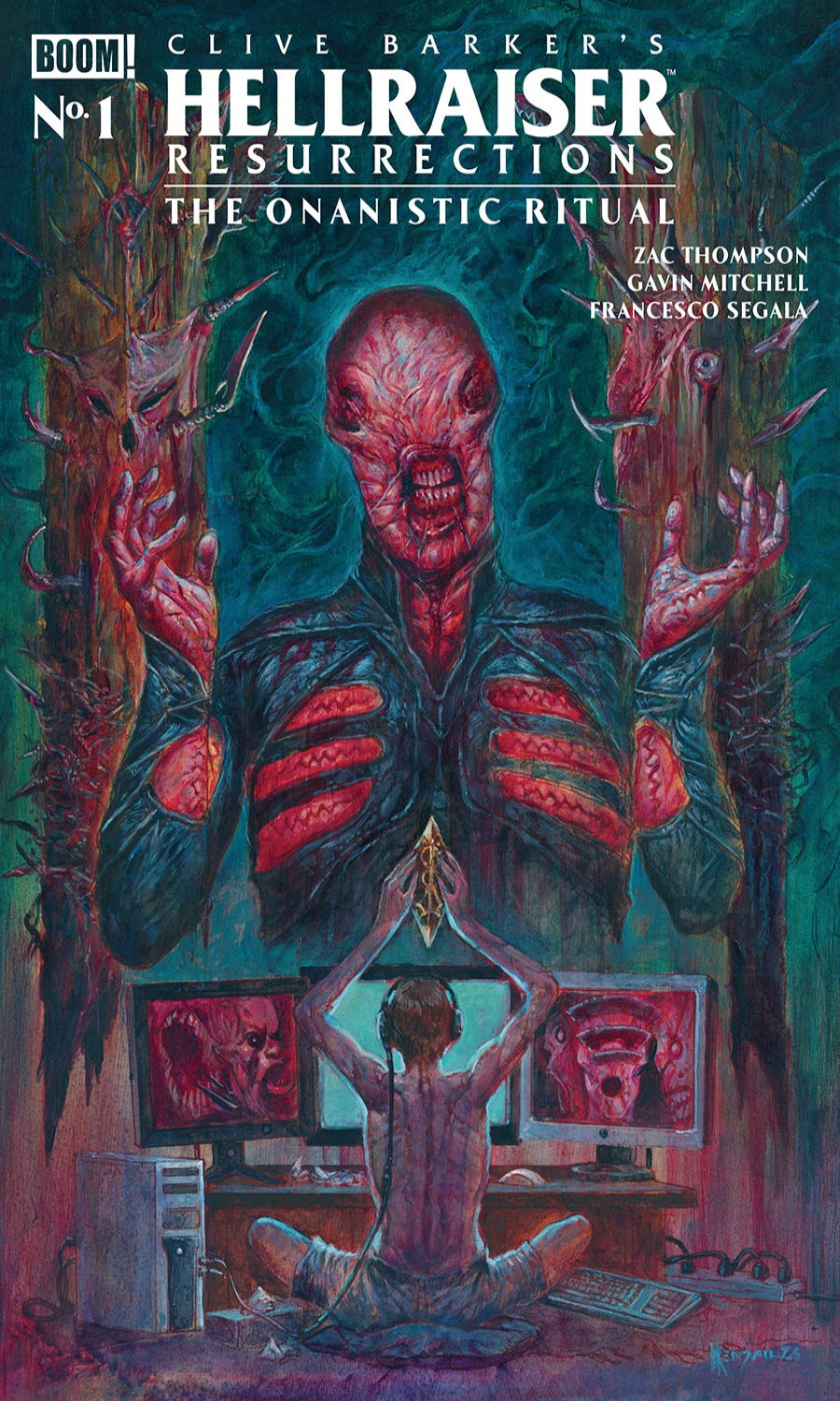 Comic book cover of Clive Barker's Hellraiser Resurrections featuring a creature and a person in front of a computer screen.