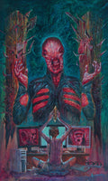 Surreal artwork of a person meditating with alien-like figures and computer monitors in the background.