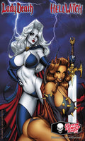 Comic book cover featuring two female characters with a sword, set against a dark blue background with lightning effects.