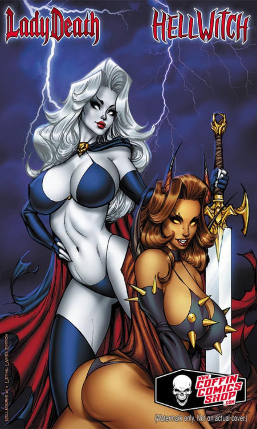 Comic book cover featuring two female characters with a sword, set against a dark blue background with lightning effects.