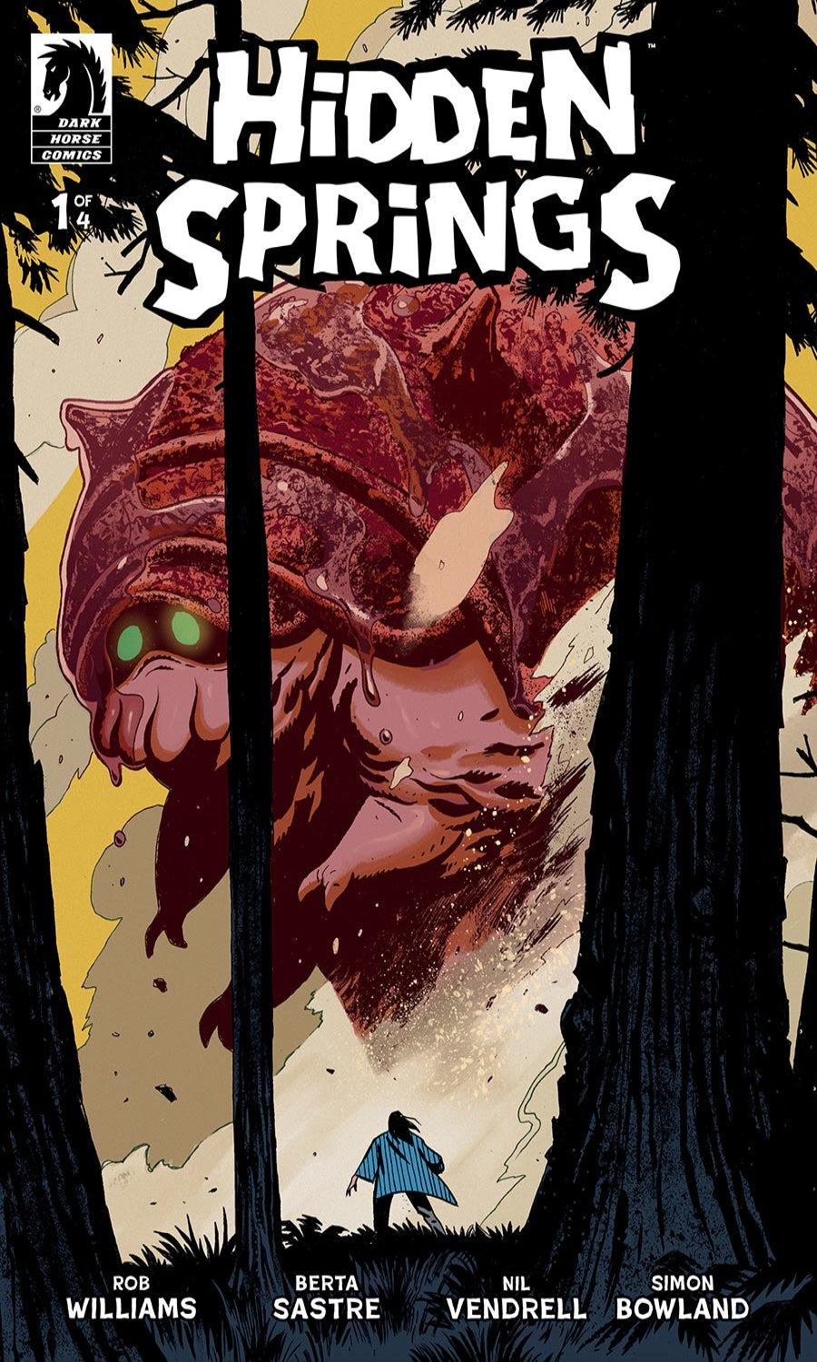 Comic book cover titled 'Hidden Springs' with a creature and person in a forest setting.