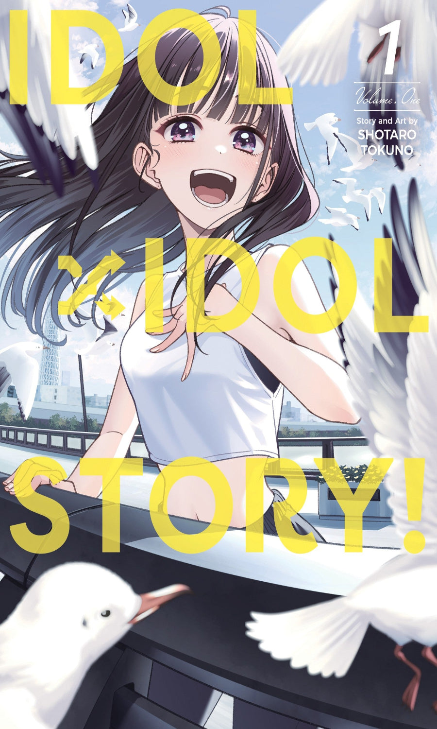 Cover of 'Idol Story!' manga with an animated character and white birds.