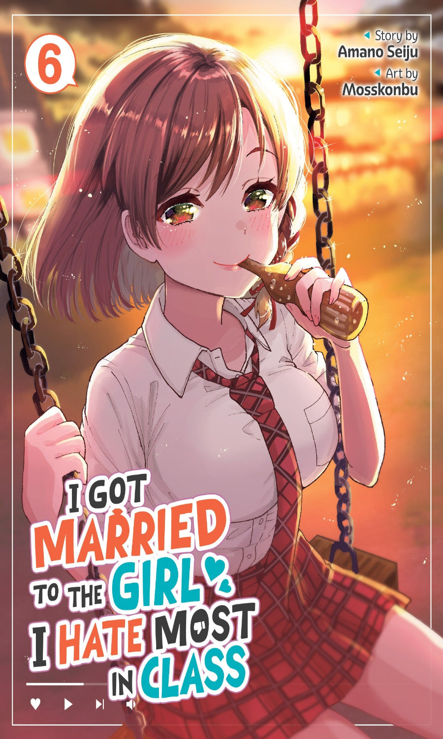 Comic book cover with a girl on a swing and text 'I Got Married to the Girl I Hate Most in Class' against a sunset background.