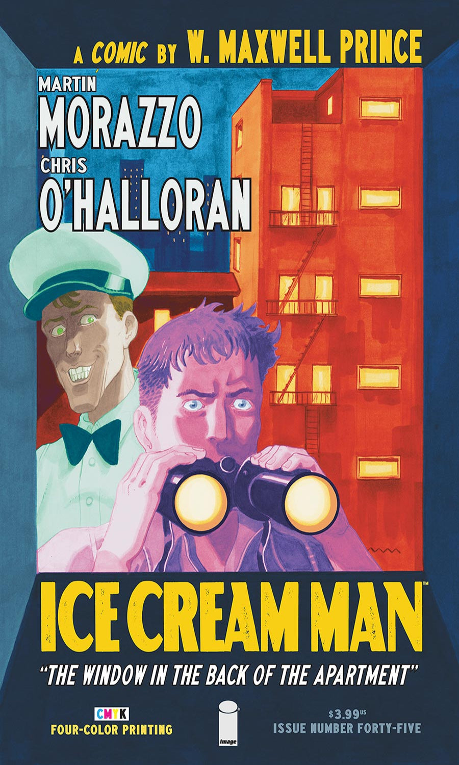 Book cover of 'Ice Cream Man' with two characters and a building in the background