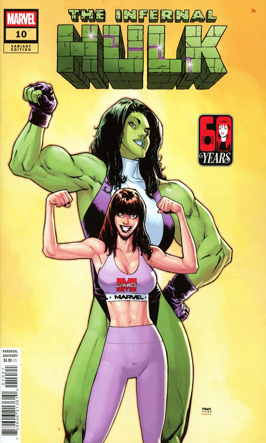 Front cover of Marvel's The Infernal Hulk #10 comic book, featuring a large green-skinned Hulk figure behind a smaller woman in a purple sports bra and leggings against a yellow background.