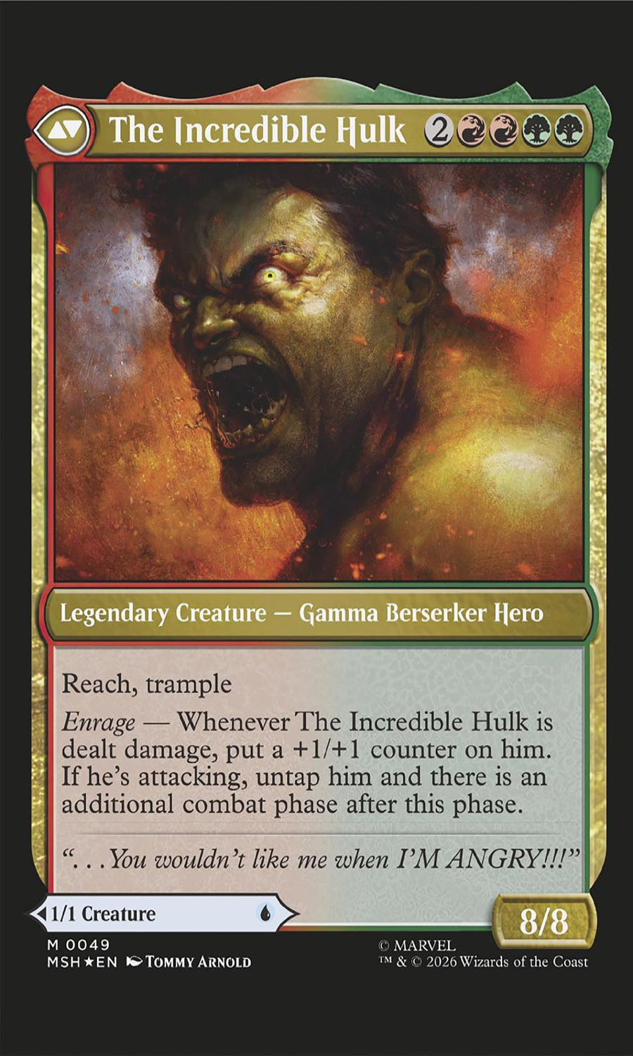 Trading card featuring 'The Incredible Hulk' with a fiery background