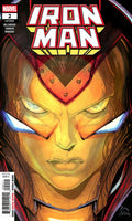 Comic book cover of Iron Man with a close-up of the character's face.