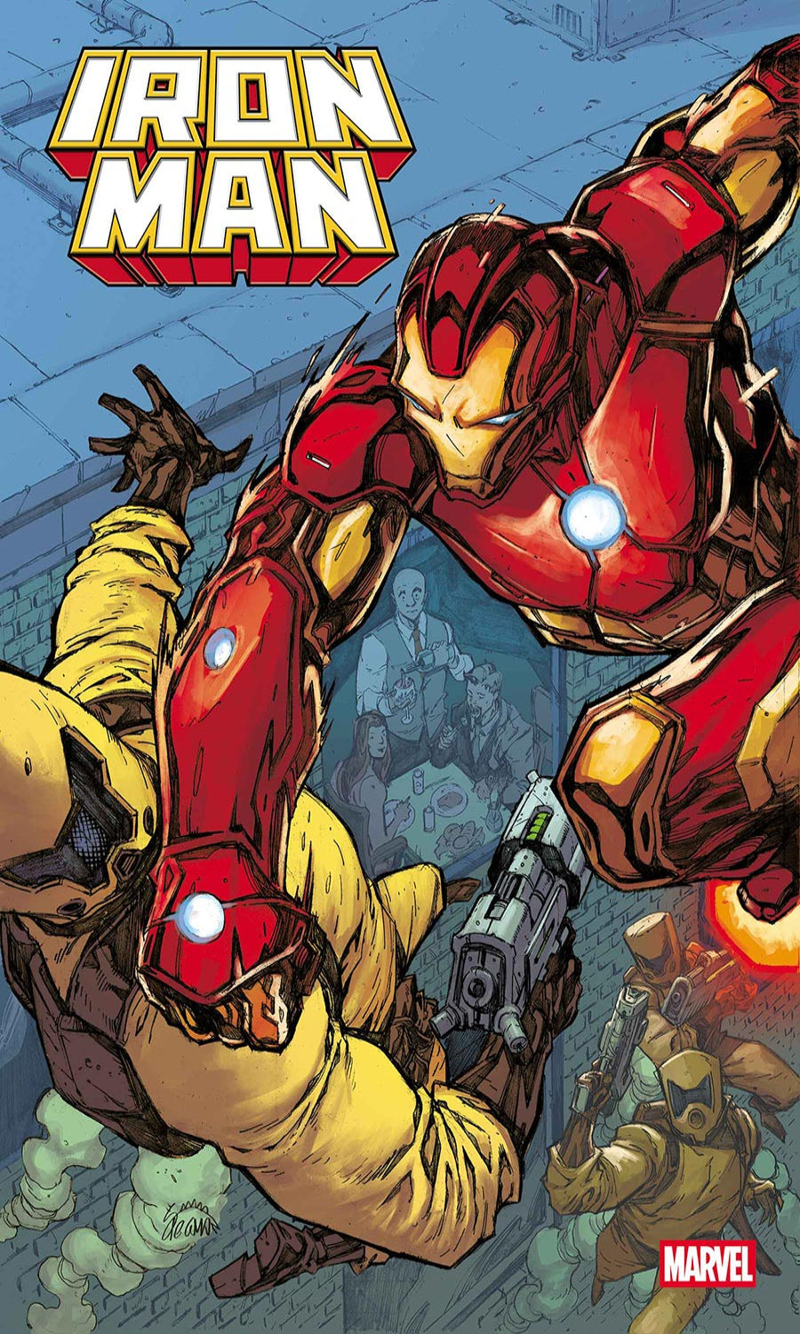 Comic book cover featuring Iron Man in action with Marvel logo.