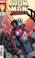 Comic book cover of Iron Man Disassembled with superhero in red suit amidst rubble