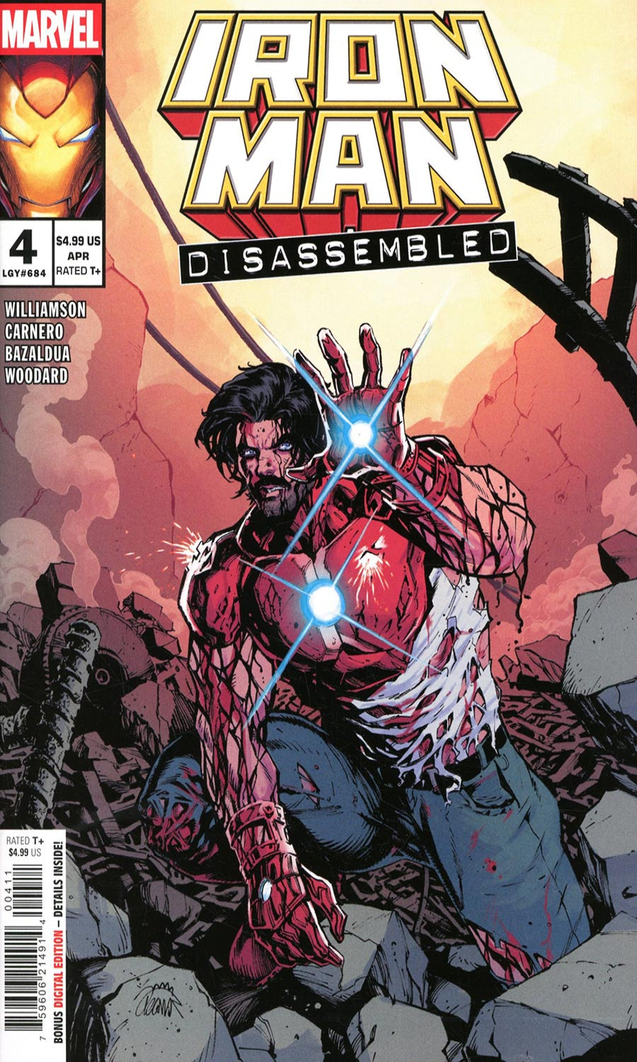 Comic book cover of Iron Man Disassembled with superhero in red suit amidst rubble