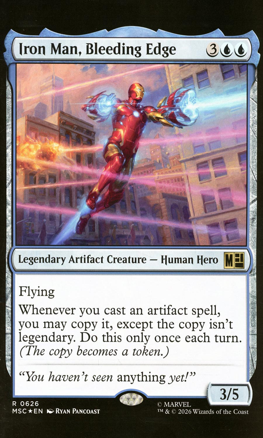 Card featuring Iron Man in superhero pose with cityscape background