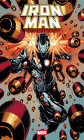 Comic book cover featuring Iron Man amidst explosions and mechanical parts.