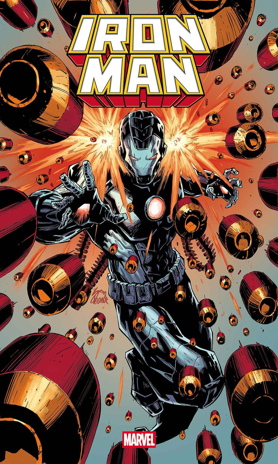 Comic book cover featuring Iron Man amidst explosions and mechanical parts.