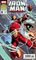 Marvel's Iron Man #8 comic book cover featuring Iron Man in a red and gold suit flying forward through swirling teal energy lines, with the Marvel logo and Iron Man title visible at the top.