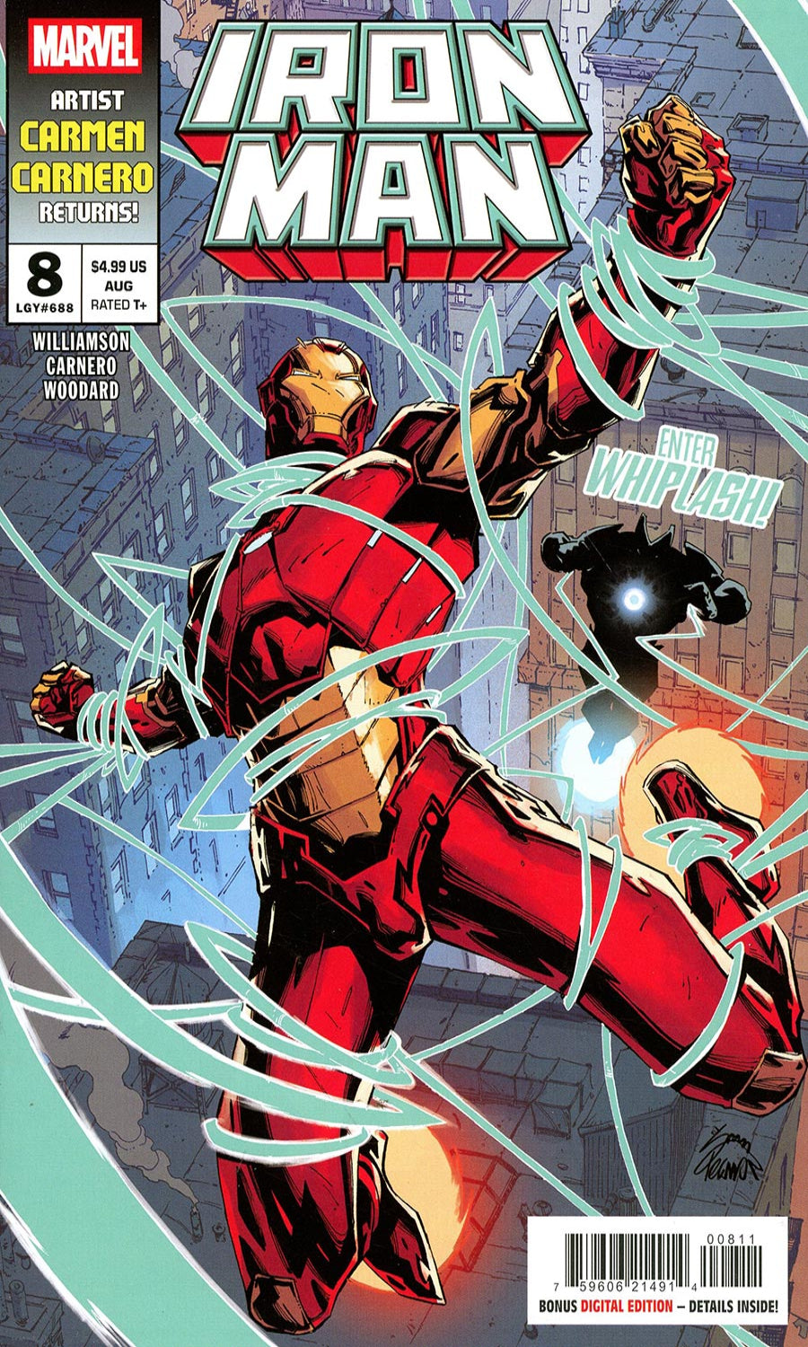 Marvel's Iron Man #8 comic book cover featuring Iron Man in a red and gold suit flying forward through swirling teal energy lines, with the Marvel logo and Iron Man title visible at the top.