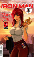 Comic book cover for Iron Man #8 featuring a stylized illustration of Mary Jane with red hair, a white blouse, and dark pants, holding a gold-toned object against a city skyline at sunset. The title 'IRON MAN' appears prominently at the top, with issue number 8 and a 60th anniversary logo.