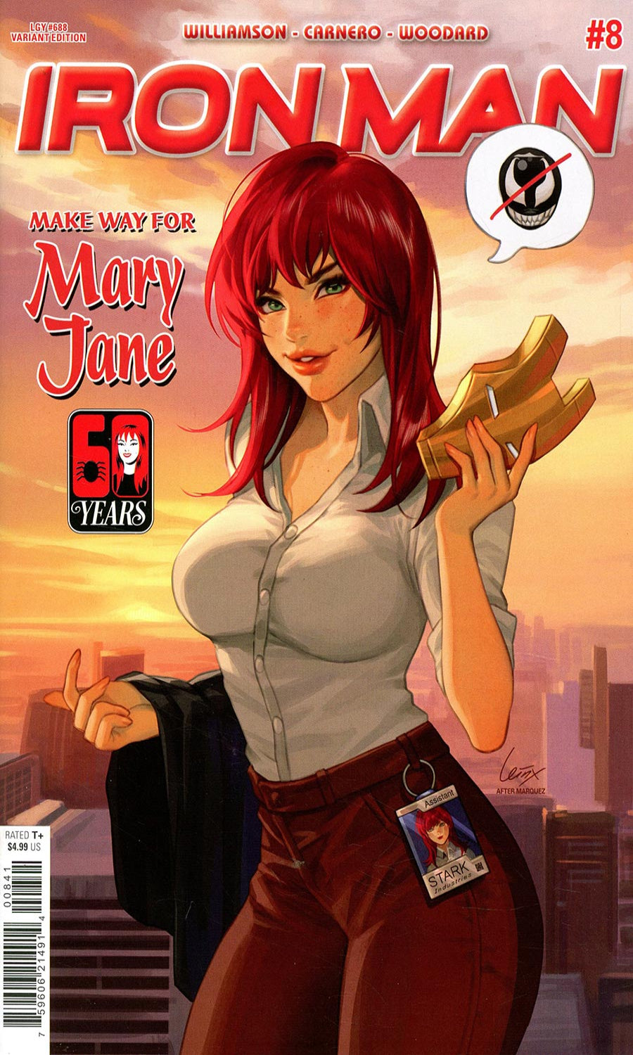 Comic book cover for Iron Man #8 featuring a stylized illustration of Mary Jane with red hair, a white blouse, and dark pants, holding a gold-toned object against a city skyline at sunset. The title 'IRON MAN' appears prominently at the top, with issue number 8 and a 60th anniversary logo.