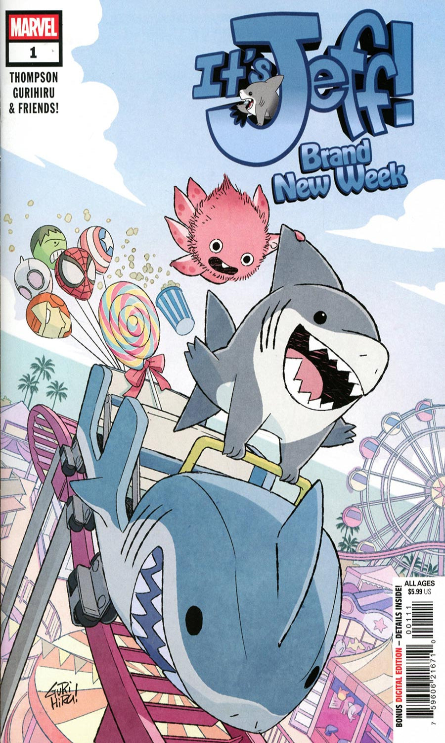 Comic book cover featuring a shark and a pink creature with a Ferris wheel in the background