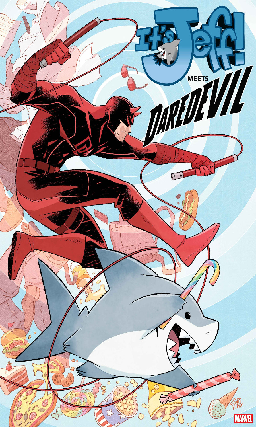 Comic book cover featuring a superhero character with a shark and colorful background