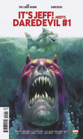 Comic book cover featuring a shark with a angry expression and text 'It's Jeff! Meets Daredevil #1' on a white background.