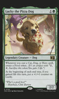 Card featuring a dog with a pizza, titled 'Lucky the Pizza Dog', with game text and artwork.
