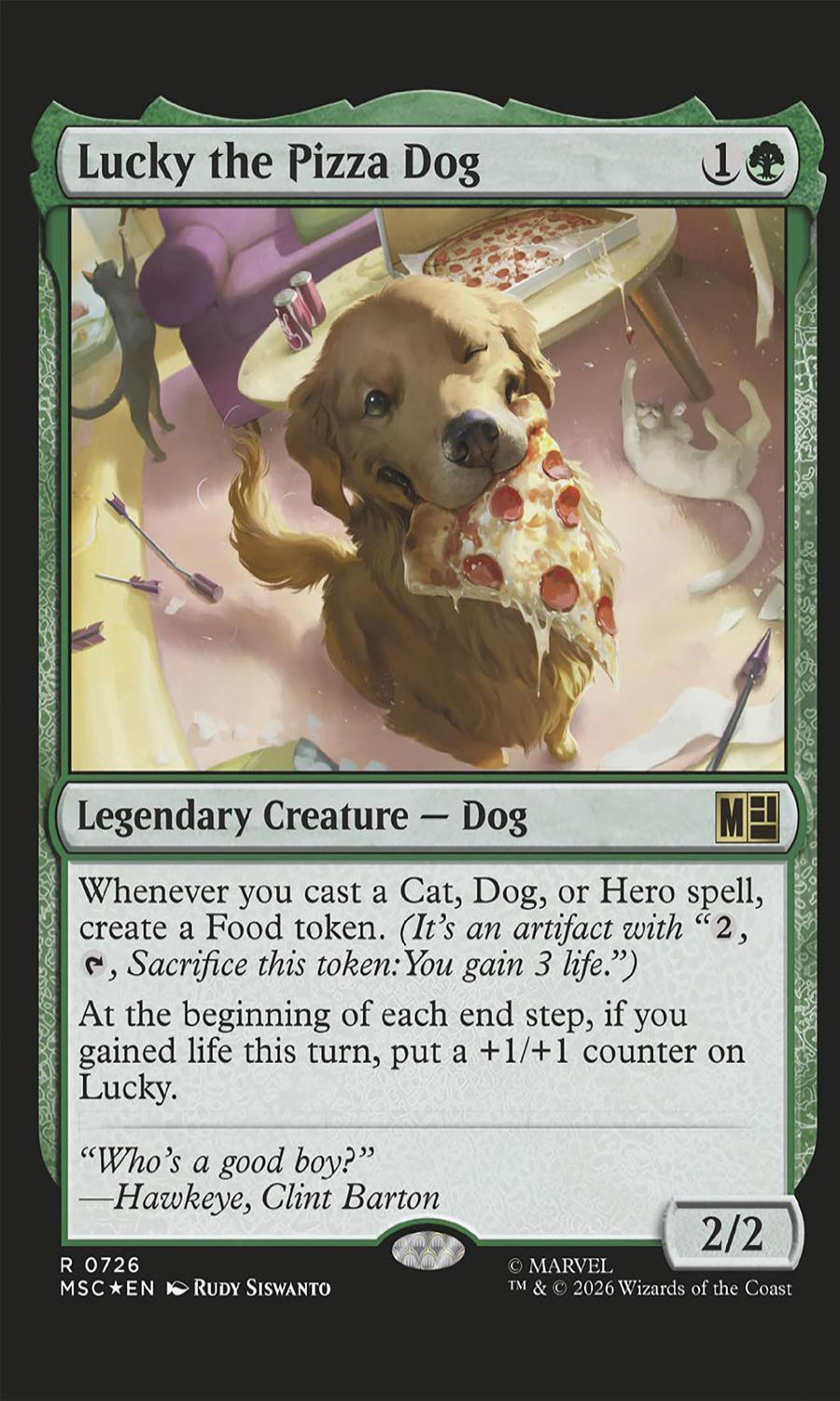 Card featuring a dog with a pizza, titled 'Lucky the Pizza Dog', with game text and artwork.