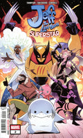 Comic book cover for Jeff the Land Shark Superstar #2 published by Marvel. The cover features a colorful illustration of various Marvel characters including Wolverine, Storm, Deadpool, and others, with Jeff the Land Shark depicted at the bottom center.