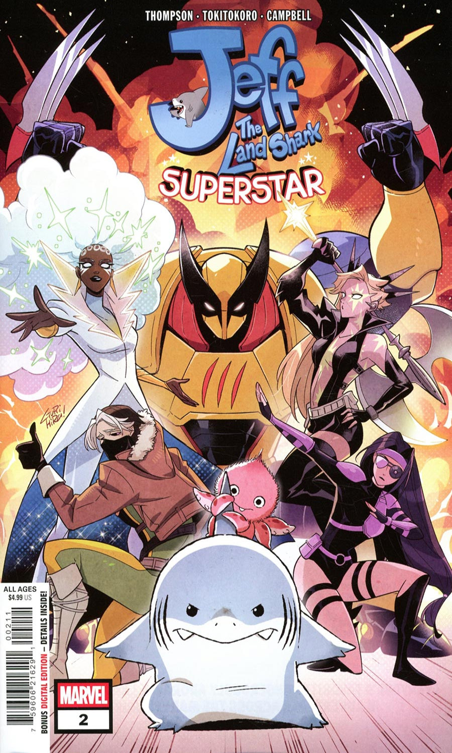 Comic book cover for Jeff the Land Shark Superstar #2 published by Marvel. The cover features a colorful illustration of various Marvel characters including Wolverine, Storm, Deadpool, and others, with Jeff the Land Shark depicted at the bottom center.