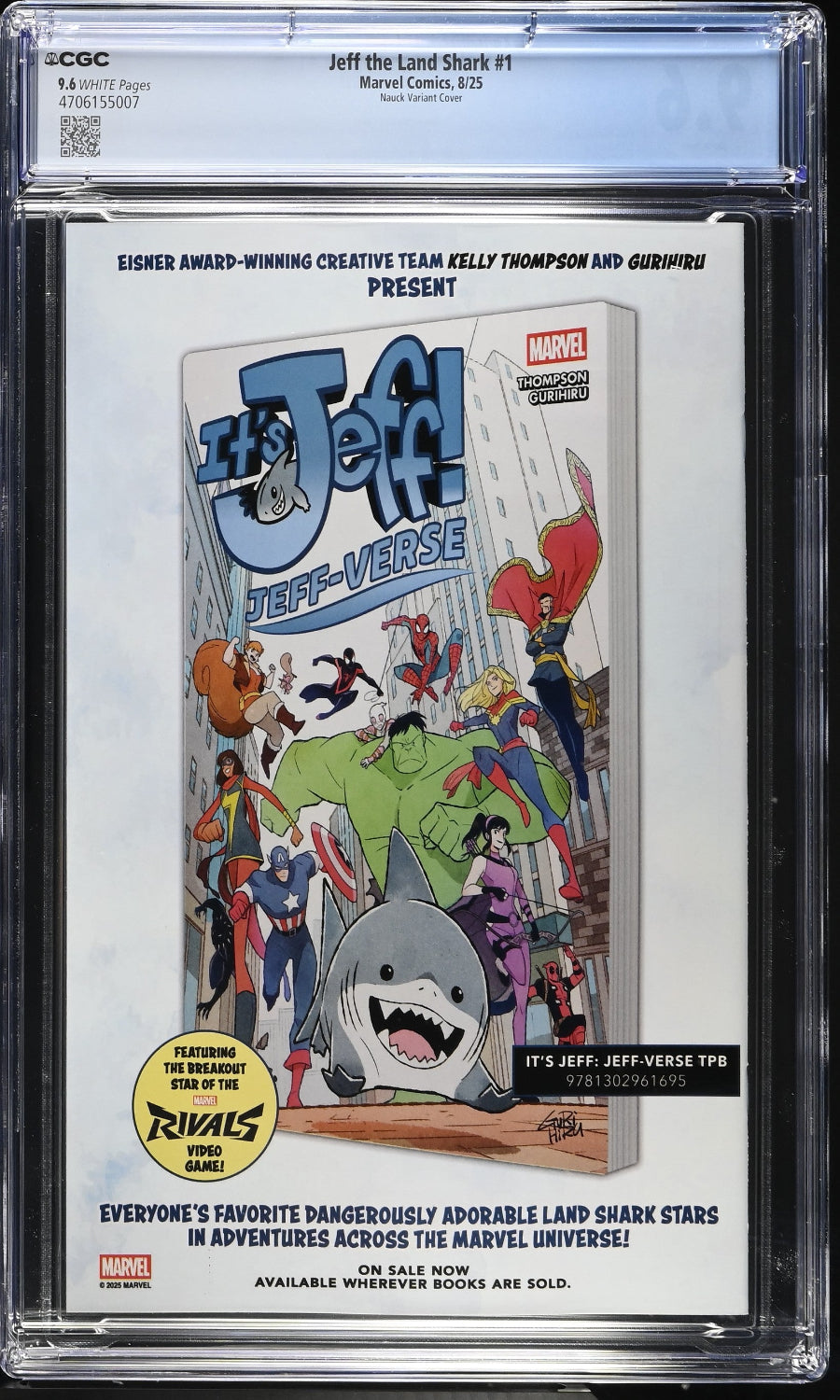 Comic book cover featuring a shark with superhero poses, framed in a CGC protective case.