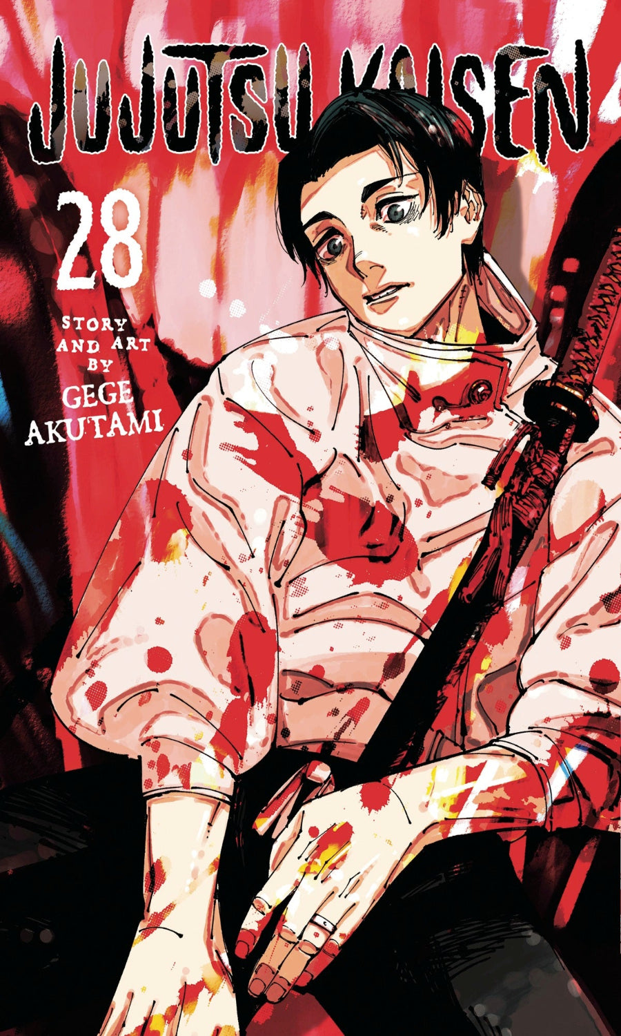 Manga book cover of 'Jujutsu Kaisen' with a character holding a sword against a red background.