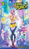Cover of 'Junk Punch' comic book with a character in a vibrant, colorful cityscape.