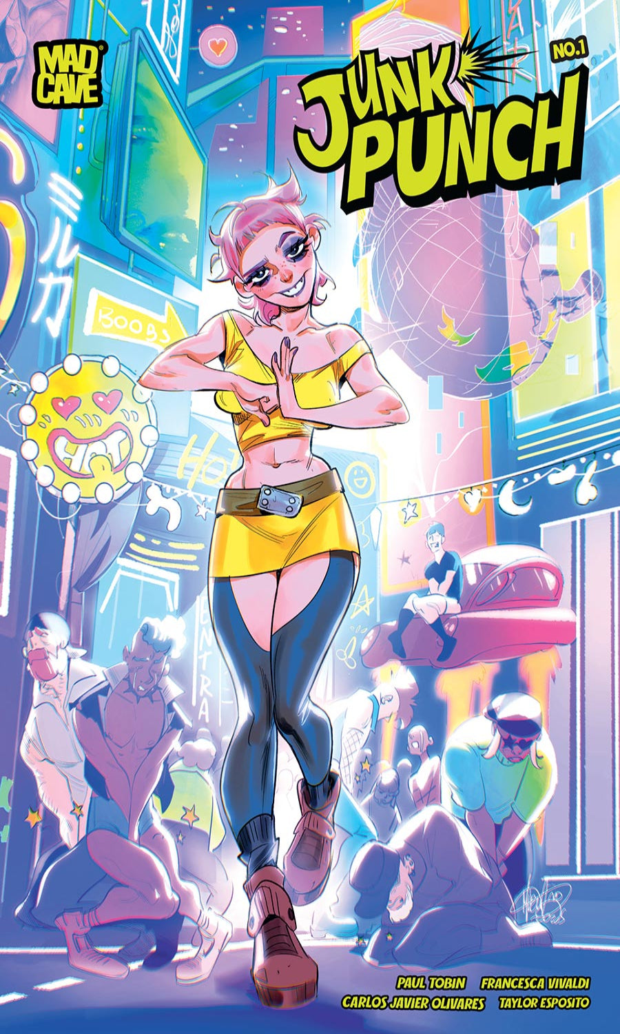 Cover of 'Junk Punch' comic book with a character in a vibrant, colorful cityscape.