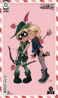 Comic book cover featuring two characters in a romantic pose on a pink background with red and white striped border.