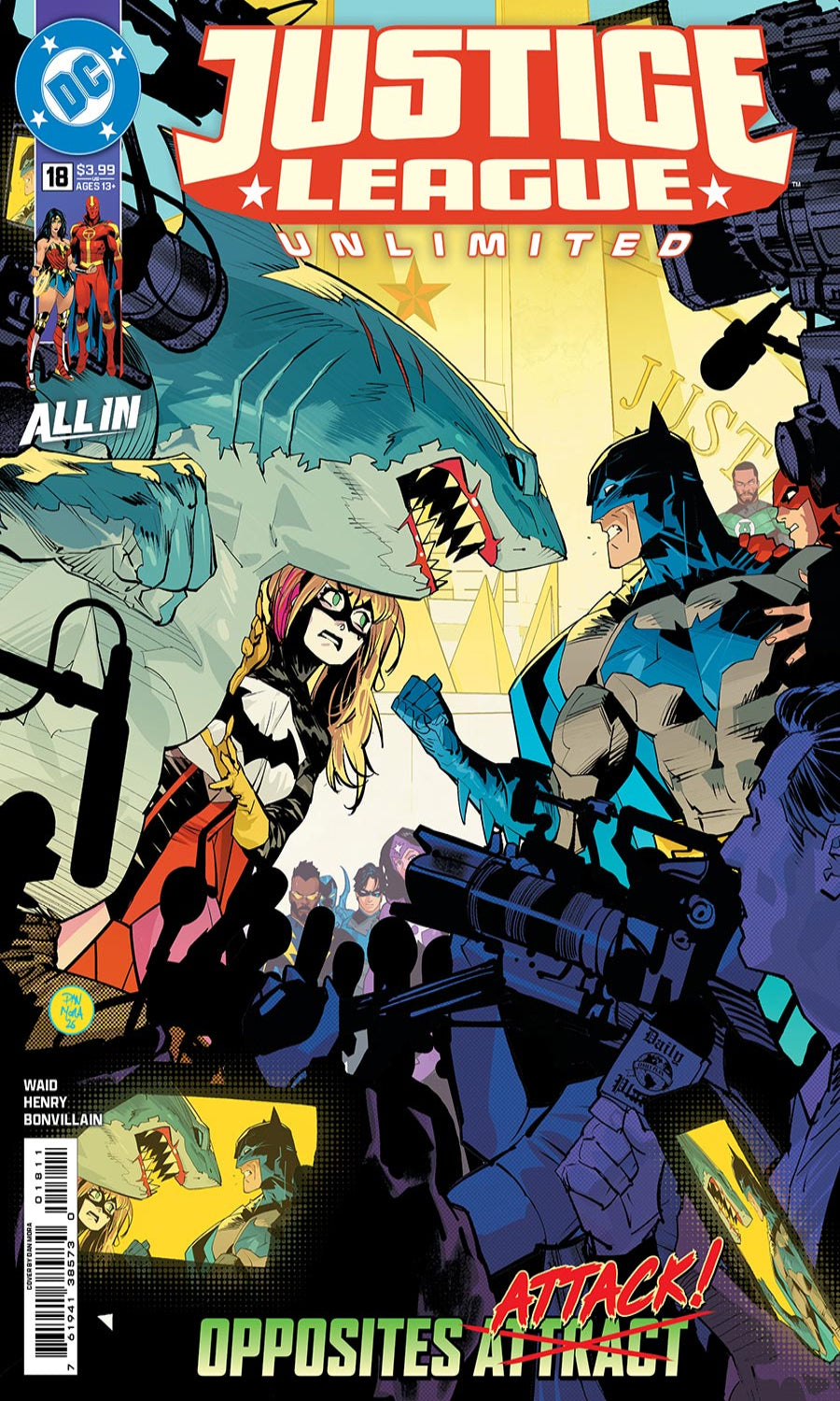 Comic book cover of 'Justice League Unlimited' featuring superhero characters and a shark.
