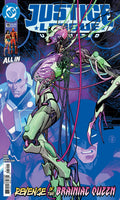 Comic book cover featuring characters from 'Justice League' with a prominent alien figure.
